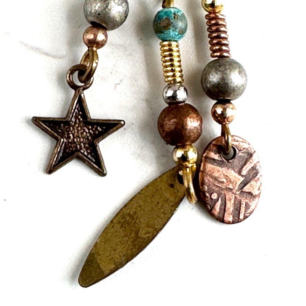 Artisan Celestial Pin Copper Brass Silver Star & Textured Charms Unique Handmade - Picture 3 of 6